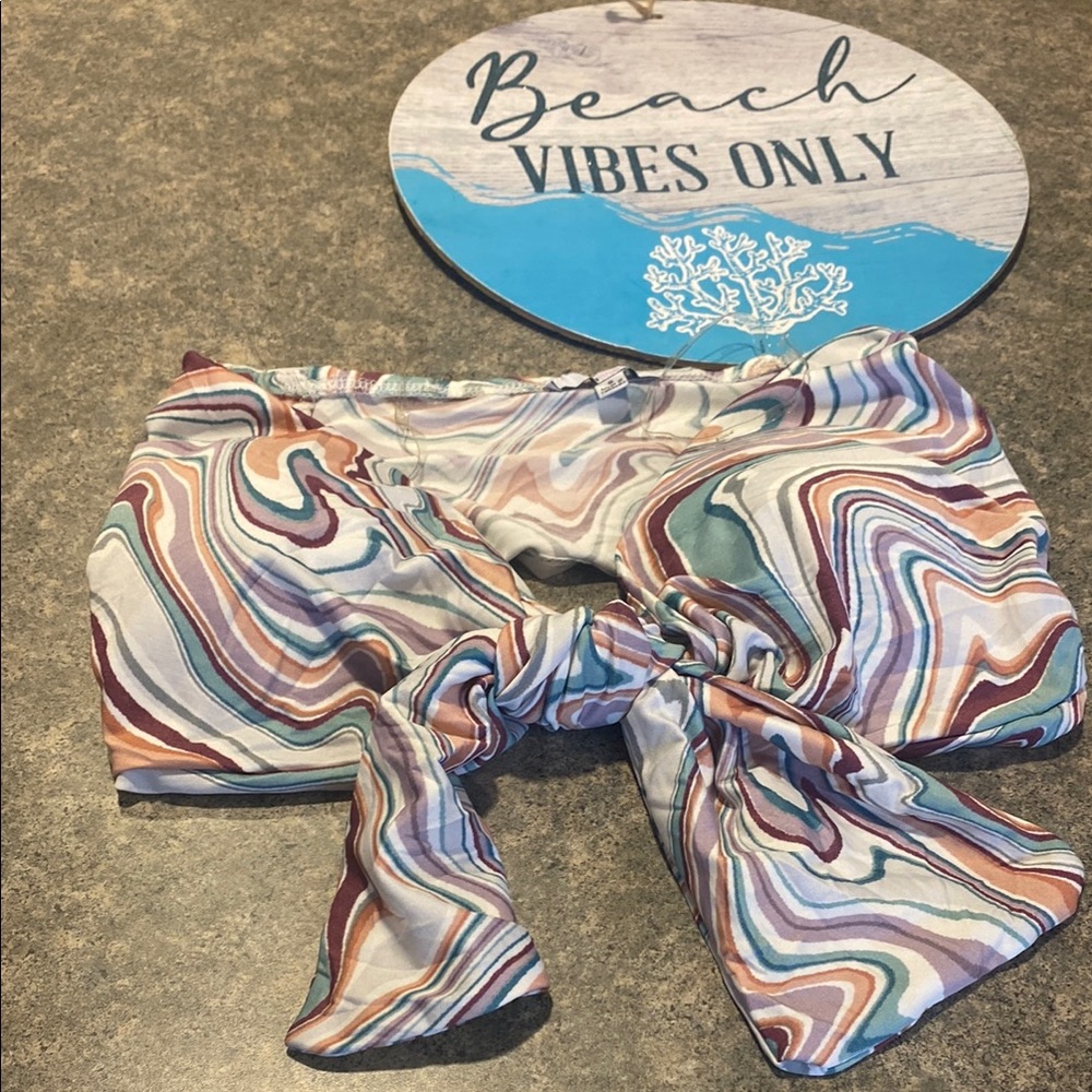 Marble-Print Tie-Front Bandeau Top in Cream & Multicolor